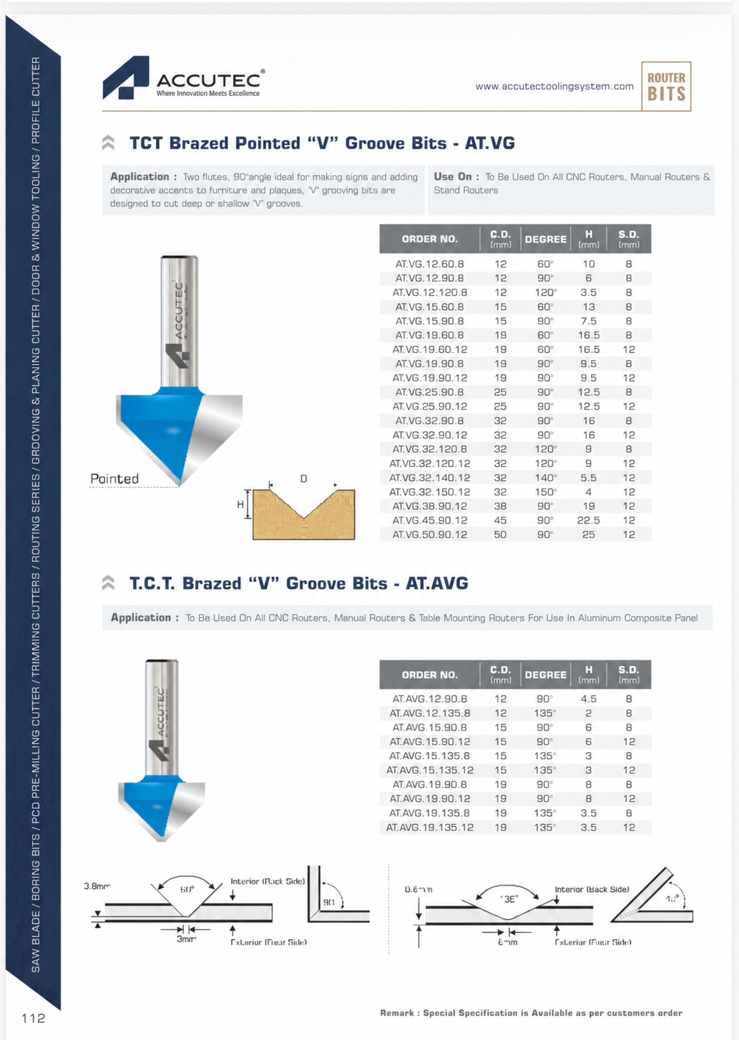 Accutec AT.VG pointed V-groove router-bit catalogue without prices