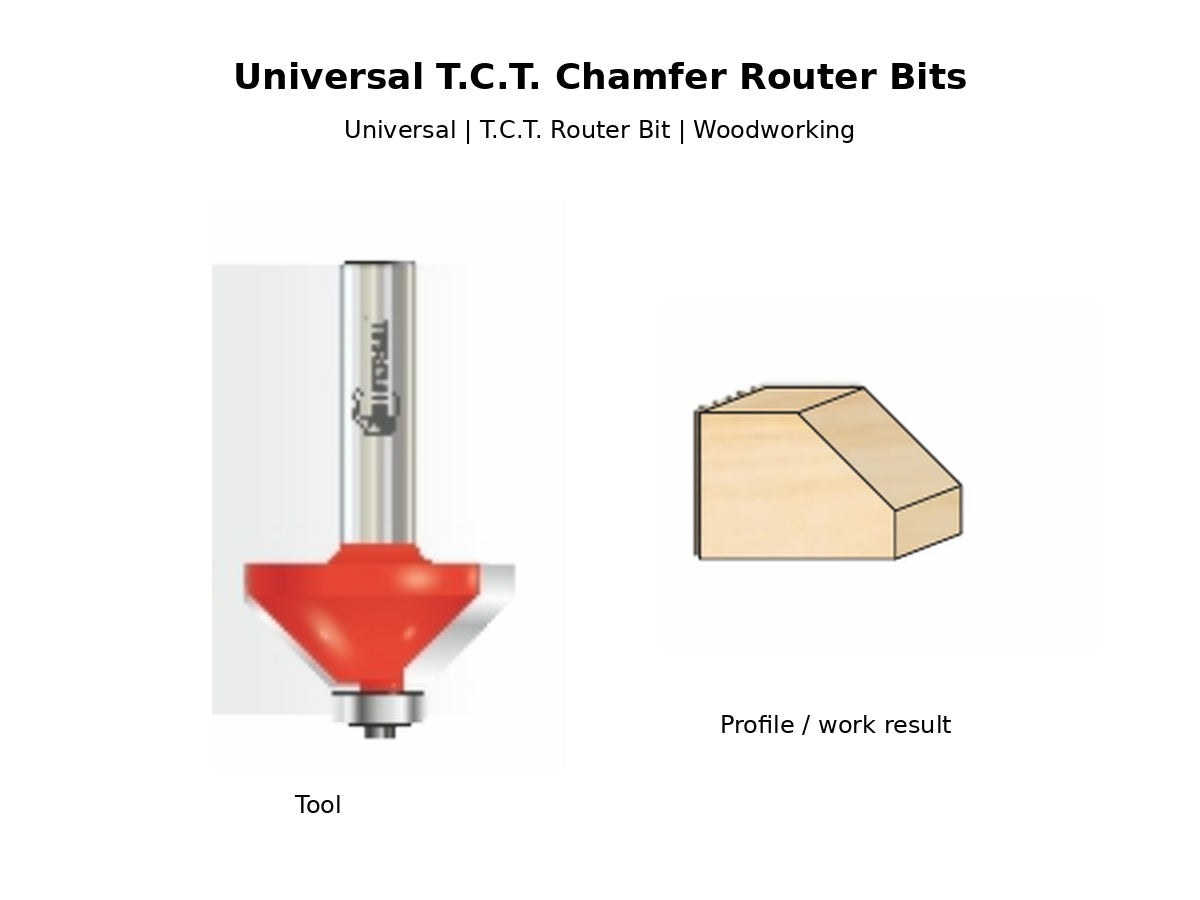 Universal T.C.T. Chamfer Router Bit with wood profile example
