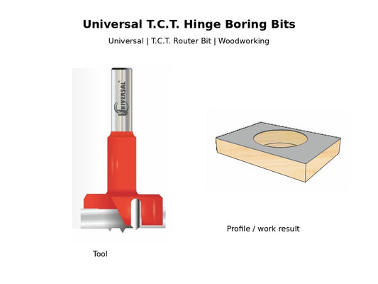 Universal T.C.T. Hinge Boring Bit with bored-hole example